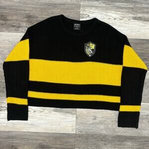 Harry Potter Hufflepuff‎ Black Yellow Womens L Cropped Waffle Knit Sweater EUC